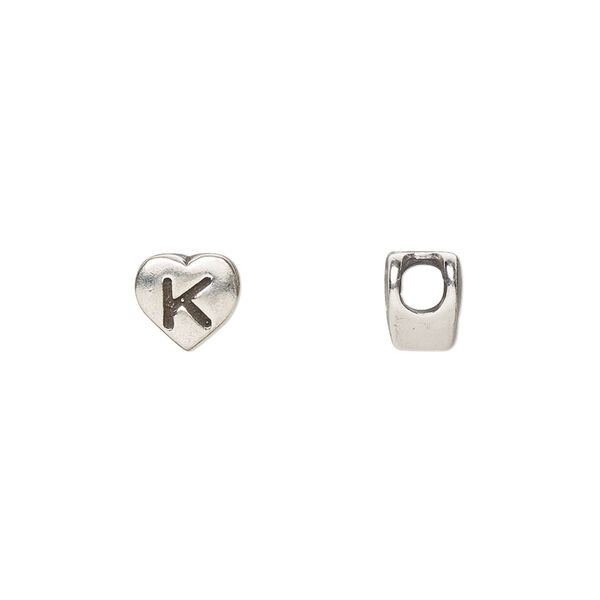 Bead, sterling silver, 7.5x7mm heart with alphabet letter "K." Sold individually. image number 0