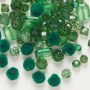 Bead mix 1pkg1, felt and acrylic, green, 7mm-21x15mm mixed shapes, 2 ounces.