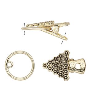 Clasp, alligator clip, antique gold-finished steel and "pewter" (zinc-based alloy), 19x19x19mm triangle with flower design. Sold individually.