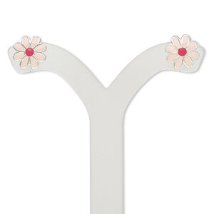 Earring, enamel and sterling silver, light pink and red, 8x8mm daisy with post. Sold per pair.