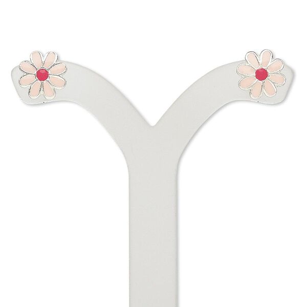 Earring, enamel and sterling silver, light pink and red, 8x8mm daisy with post. Sold per pair. image number 0