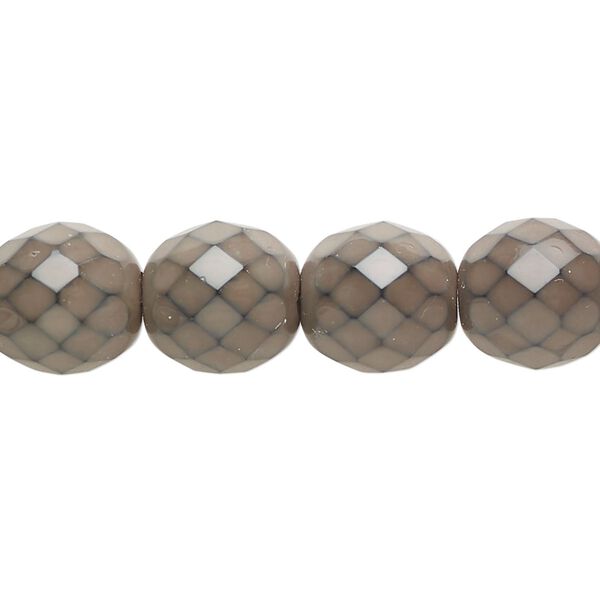 Bead, Czech fire-polished glass, opaque mushroom with snake pattern, 12mm faceted round. Sold per 7-inch strand, approximately 15 beads. image number 0
