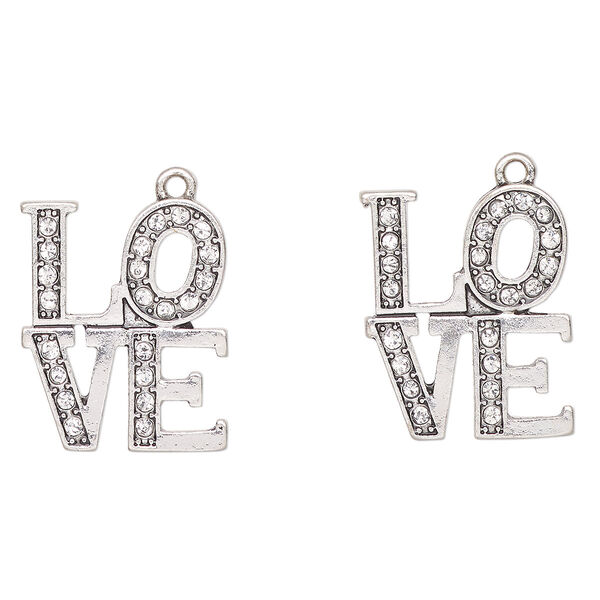 Charm, antique silver-finished "pewter" (zinc-based alloy) and glass, clear, 26x21mm "Love". Sold per pkg of 2. image number 0