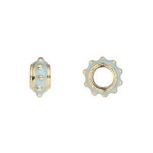 Bead, Dione®, gold-finished "pewter" (zinc-based alloy) and enamel, light blue, 12x6mm beaded rondelle with 5mm hole. Sold individually.