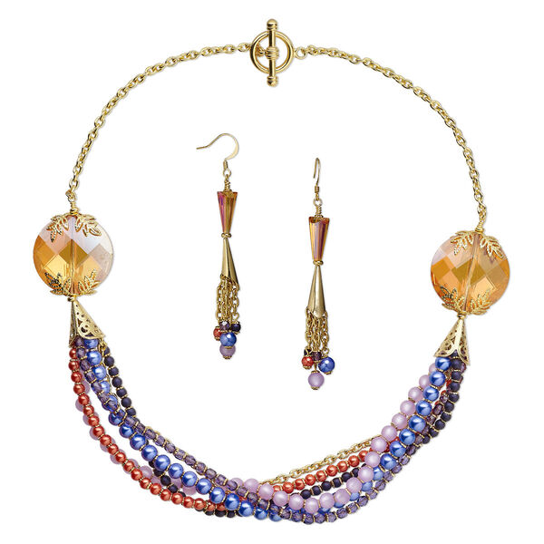Necklace and earring set, One of a Kind Jewelry, gold-plated brass / glass / resin, purple and orange, 21-1/2 inch necklace. Only one available. image number 0