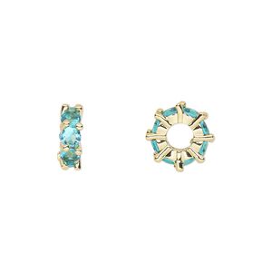 Bead, cubic zirconia and gold-plated brass, aqua, 10.5x3.5mm rondelle. Sold per pkg of 2.