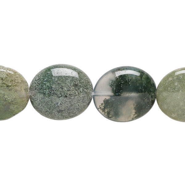 Bead, moss agate (natural), 16x14mm flat oval, B grade, Mohs hardness 6-1/2 to 7. Sold per 15-1/2" to 16" strand. image number 0