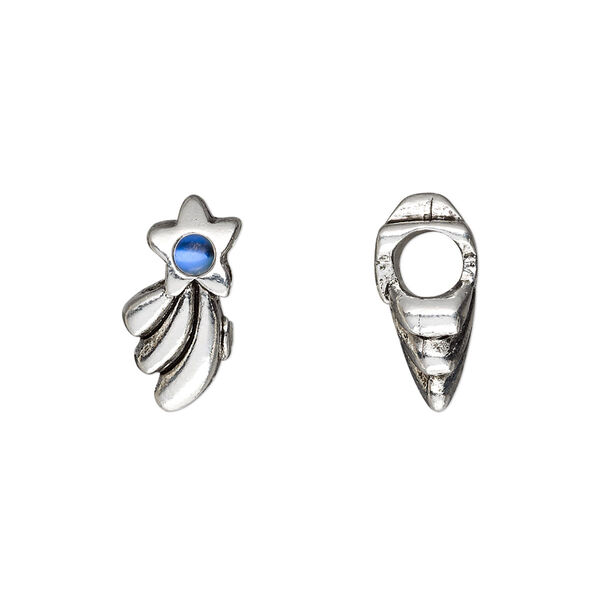 Bead, Dione®, antique silver-plated pewter (tin-based alloy) and glass chaton, dark blue, 16x8mm double-sided shooting star, 5mm hole. Sold individually. image number 0