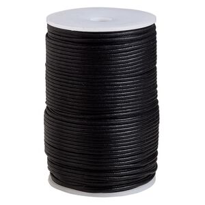 Cord, waxed cotton, black, 2mm, 50+ pound test. Sold per 100-meter spool.