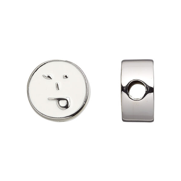 Bead, Dione®, enamel and silver-finished "pewter" (zinc-based alloy), white, 16mm double-sided flat round with playful emoticon face and 4mm hole. Sold individually. image number 0