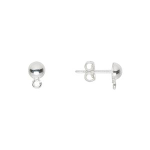 Earstud 1pkg10 sterling silver, 5mm half-ball / open loop / earnuts, polished 5 pair