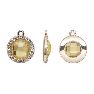 Drop, glass / glass rhinestone / gold-finished "pewter" (zinc-based alloy), clear and transparent citrine yellow, 17mm single-sided round. Sold per pkg of 2.