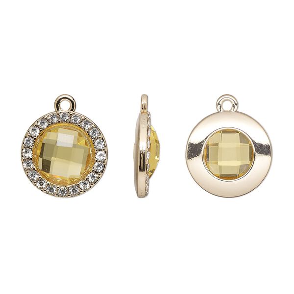 Drop, glass / glass rhinestone / gold-finished "pewter" (zinc-based alloy), clear and transparent citrine yellow, 17mm single-sided round. Sold per pkg of 2. image number 0