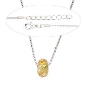 Necklace, Everyday Jewelry™,  brass and crystal, rondelles on silver-plated chain with lobster claw clasp, 20 inches. Sold individually.