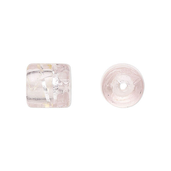 Cord end, glass, translucent pink with silver-colored foil, 11x11mm with wavy line pattern, 5mm inside diameter. Sold per pkg of 2. image number 0