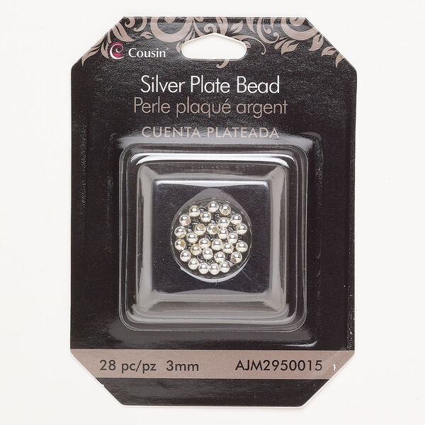 Bead copper 28pk 3mm round, silver plate image number 0