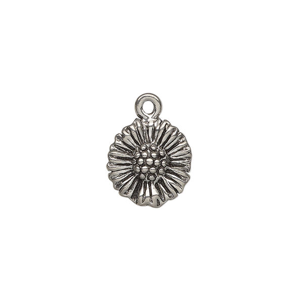 Charm, antiqued pewter (tin-based alloy), 13mm single-sided daisy. Sold per pkg of 2. image number 0