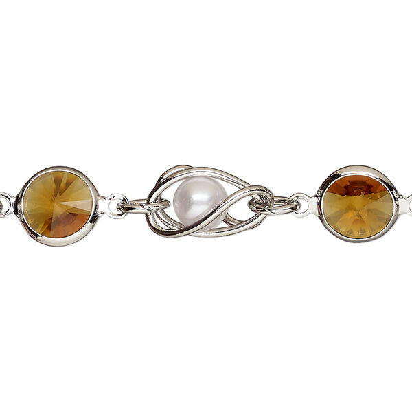 Chain, Vintage Crystal™, imitation rhodium-plated brass and crystal, topaz and white, 9mm round pearl and rivoli link. Sold per pkg of 1 meter. image number 0