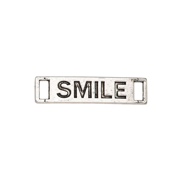 Link, antique silver-finished "pewter" (zinc-based alloy), 27.5x6.5mm single-sided curved flat rectangle with "SMILE." Sold per pkg of 2. image number 0