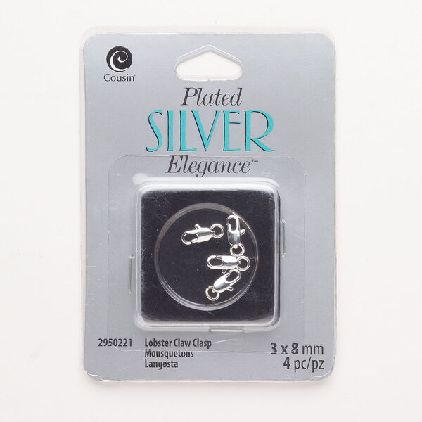 Clasp, lobster claw, copper, pkg/4, silver plate, 8x4mm oval. image number 0