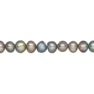 Pearl, cultured freshwater (dyed), gunmetal green, 5-6mm semi-round, C grade, Mohs hardness 2-1/2 to 4. Sold per 15-inch strand.