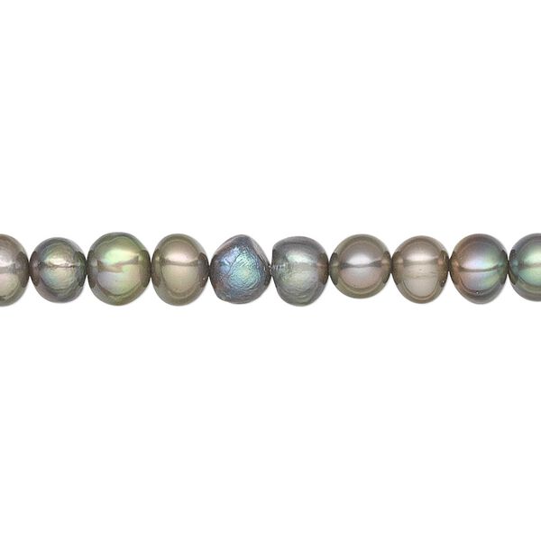 Pearl, cultured freshwater (dyed), gunmetal green, 5-6mm semi-round, C grade, Mohs hardness 2-1/2 to 4. Sold per 15-inch strand. image number 0