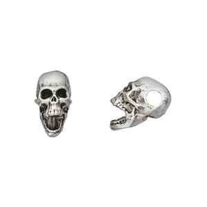 Bead, pewter (tin-based alloy), pkg/1, antique silver plate, 14x10mm skull.
