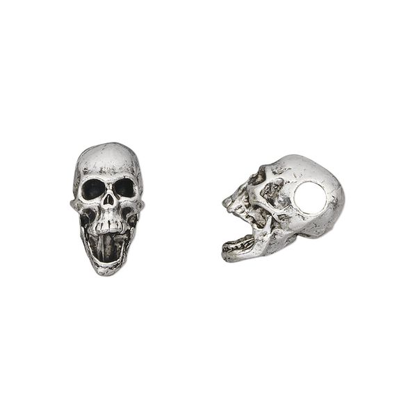 Bead, pewter (tin-based alloy), pkg/1, antique silver plate, 14x10mm skull. image number 0