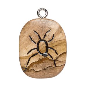 Focal, silver-finished steel / picture jasper (natural) /  enamel, opaque black, 30x22mm-35x25mm single-sided freeform with bug. Sold individually.