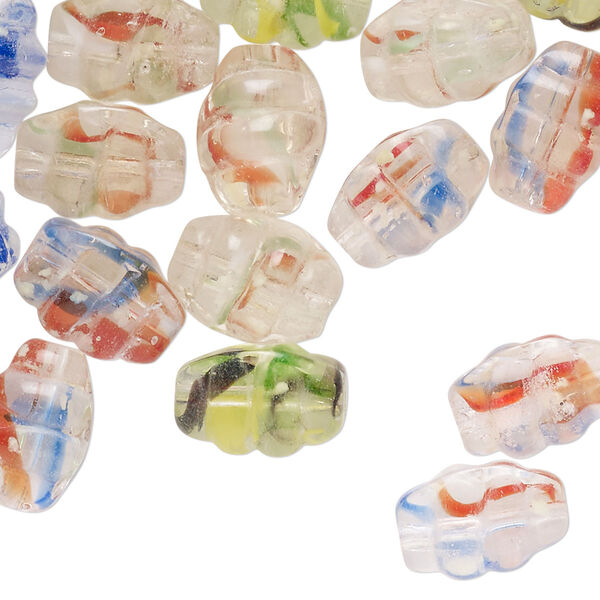 Bead mix, lampworked glass, pkg/2 ounces, translucent and transparent multicolored, 12x8mm-12x11mm corrugated oval. image number 0