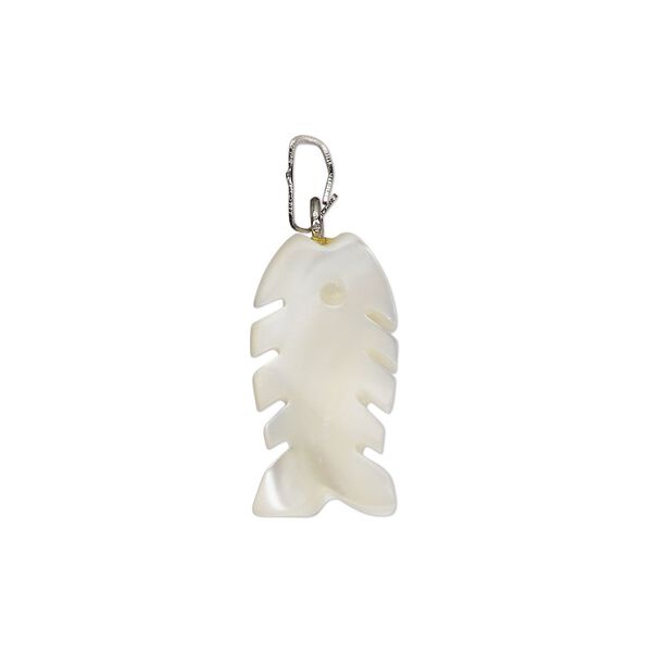 Pendant, mother-of-pearl shell (bleached) / antique silver-finished "pewter" (zinc-based alloy) / steel, 17x10mm-18x11mm single-sided carved fish skeleton. Sold individually. image number 0