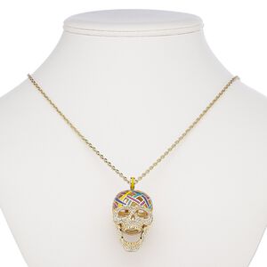 Necklace, Avant-Garde Jewelry Collection, enamel / Czech glass rhinestone / gold-plated brass, multicolored, 39x26mm skull with hinged jaw, 24 inches with 2-inch extender chain and lobster claw clasp. Sold individually.