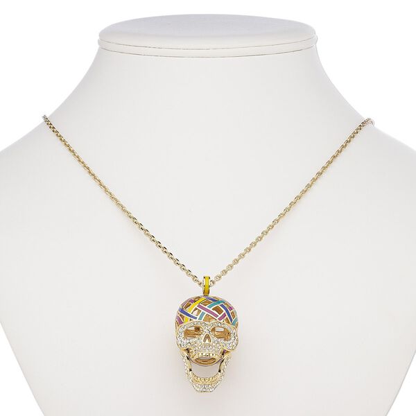 Necklace, Avant-Garde Jewelry Collection, enamel / Czech glass rhinestone / gold-plated brass, multicolored, 39x26mm skull with hinged jaw, 24 inches with 2-inch extender chain and lobster claw clasp. Sold individually. image number 0
