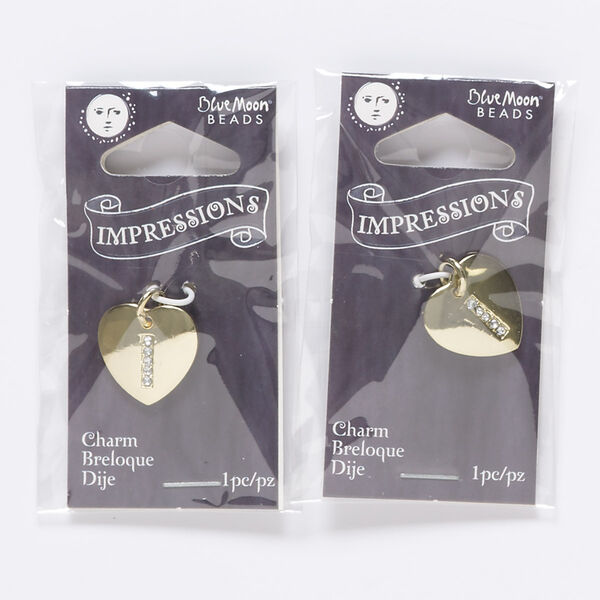 Charm, gold--finished "pewter" (zinc-based alloy) / steel / acrylic rhinestone, clear, 15.5x15mm single-sided puffed heart with letter "I." Sold per pkg of 2. image number 0
