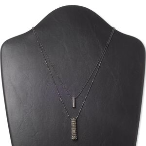 Necklace, 2-strand, glass rhinestone and gunmetal-finished "pewter" (zinc-based alloy), smoke, 32x7mm and 16x4mm cylinder, 16 inches with 3-inch extender chain and lobster claw clasp. Sold individually.