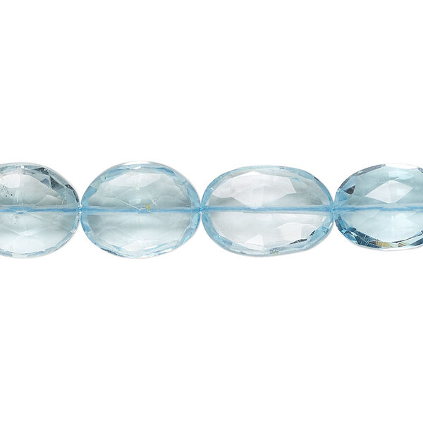 Bead, sky blue topaz (irradiated), 10x8mm-14x10mm hand-cut faceted puffed oval, B+ grade, Mohs hardness 8. Sold per 8-inch strand, approximately 15 beads. image number 0