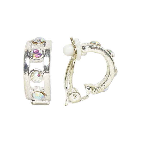 Earring mix, clip-on, Everyday Jewelry, imitation rhodium-finished "pewter" (zinc-based alloy) and glass, multicolored, 16mm. Sold per pkg of 3 pairs. image number 2