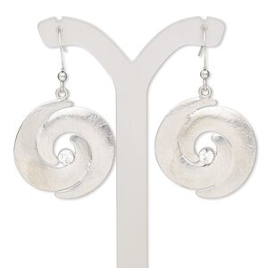 Earring, glass rhinestone with imitation rhodium-finished brass and steel, clear, 45mm with brushed swirl and fishhook ear wire. Sold per pair.