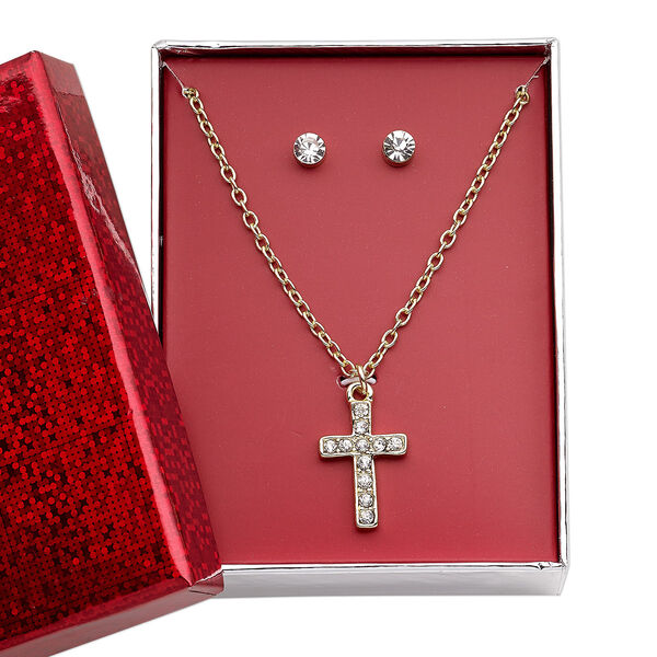 Necklace and earring set, glass rhinestone / gold-finished brass / steel / "pewter" (zinc-based alloy), clear, 21x14mm cross, 15" to 16" necklace with 3-inch extender chain and lobster claw clasp, 5mm round with post. Sold per set. image number 0