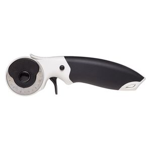 Rotary cutter, plastic / rubber / steel / gold-finished steel, black and white, 6-3/4 inches with 45mm blade. Sold individually.