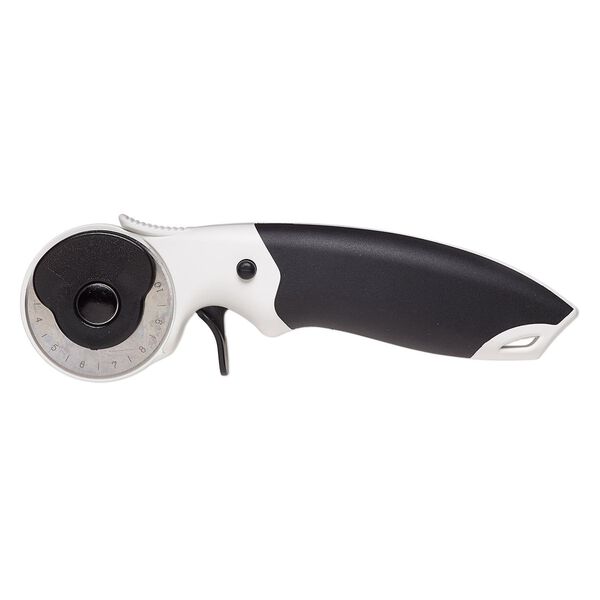 Rotary cutter, plastic / rubber / steel / gold-finished steel, black and white, 6-3/4 inches with 45mm blade. Sold individually. image number 0