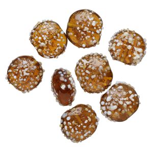 Bead, lampworked glass, translucent brown and white, 18x11mm bumpy flat round. Sold per pkg of 8.