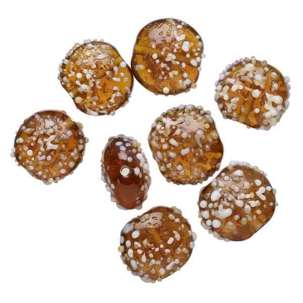 Bead, lampworked glass, translucent brown and white, 18x11mm bumpy flat round. Sold per pkg of 8. image number 0