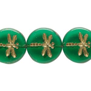 Bead, Preciosa, Czech pressed glass, translucent teal, 17mm flat round with gold-painted dragonfly. Sold per pkg of 12.