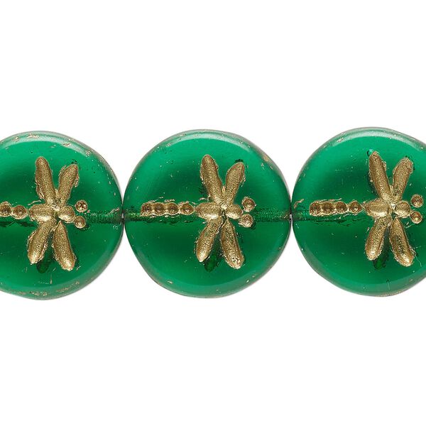 Bead, Preciosa, Czech pressed glass, translucent teal, 17mm flat round with gold-painted dragonfly. Sold per pkg of 12. image number 0