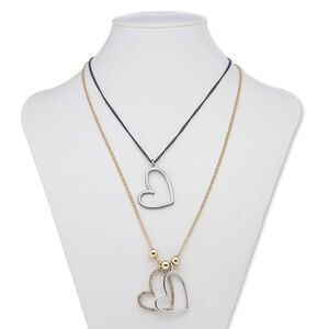 Necklace, 2-strand, glass rhinestone / black-plated / gold-finished steel / gunmetal- / silver-plated / gold-finished "pewter" (zinc-based alloy), clear, 30x28mm open heart, 24 inches with 2-inch extender chain and lobster claw clasp. Sold individually.