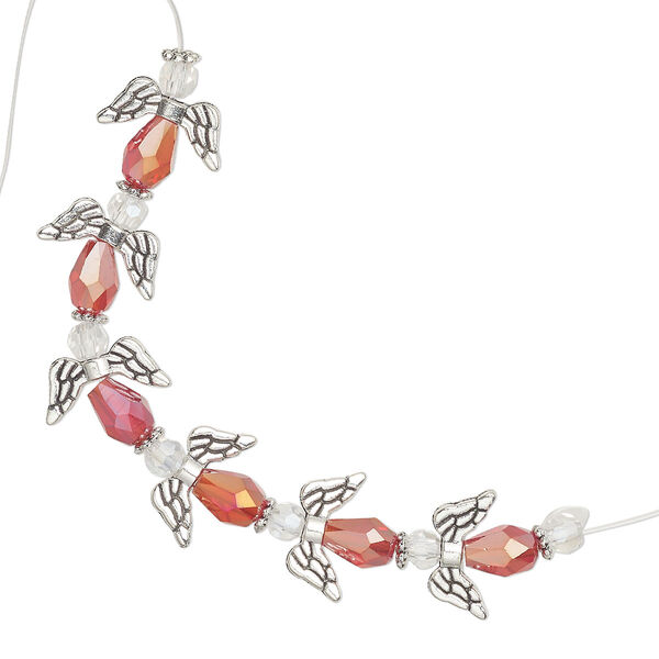 Bead, crystal and antique silver plate "pewter" (zinc-based alloy), red and clear, AB 2X, 17x14mm angel. Sold per pkg of 6. image number 0