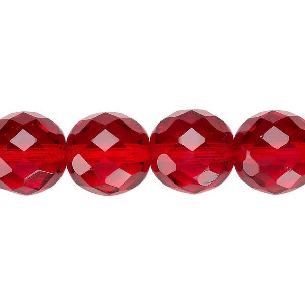 Bead, Czech fire-polished glass, pkg/15-1/2 to 16 inches, 12mm faceted round, transparent ruby red, (90090). image number 0