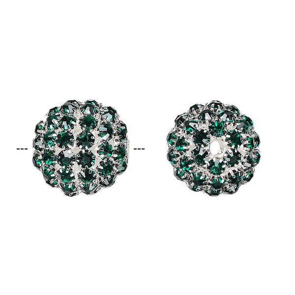 Bead, glass rhinestone and silver-finished brass, emerald green, 27mm ball with 5mm chatons, 4.5mm hole. Sold individually. image number 0