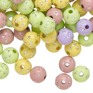 Bead mix, acrylic, mixed colors, 8mm round with stars. Sold per 75-gram pkg, approximately 250-275 beads.